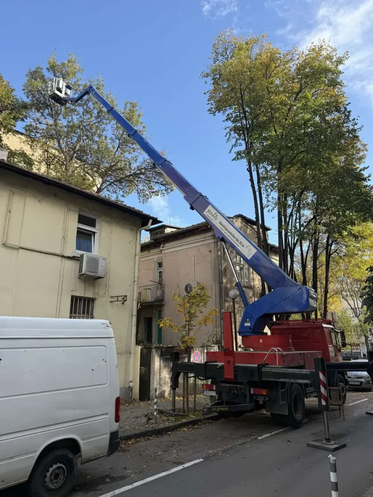 Автовишка, позиционирана на улица в София при кастрене на високи дървета